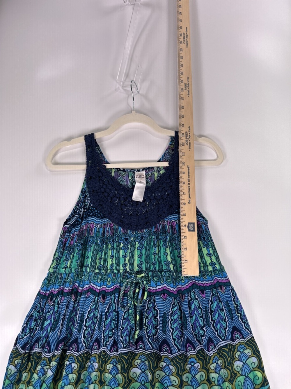 Bila Maxi Dress Crochet Neck Tiered Geometric Boho Blue Green Size S - Picture 8 of 11